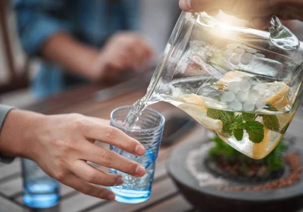 Welcome desk with water carafe and glasses